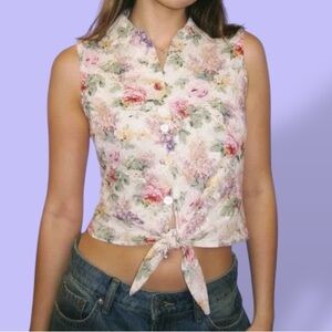 M Collection 1990s Vintage Floral Button-Up Tie-Front Blouse